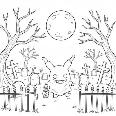 Mimikyu vandrar genom en kyrkogård i månsken
