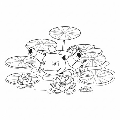 Blastoise gömmer sig i en sjö bland näckrosor