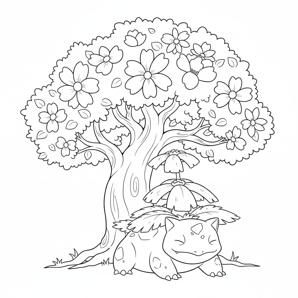 Venusaur vilar under ett gigantisk blommande träd
