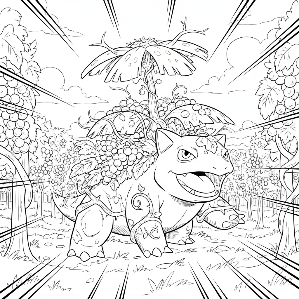 Venusaur täcks av vinrankor i en vinodling