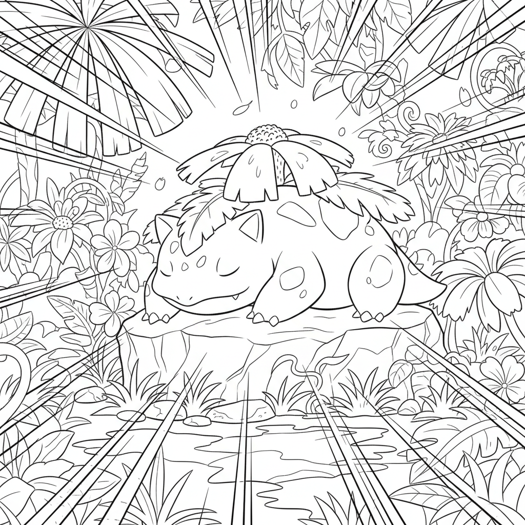Venusaur vilar i en tropisk trädgård