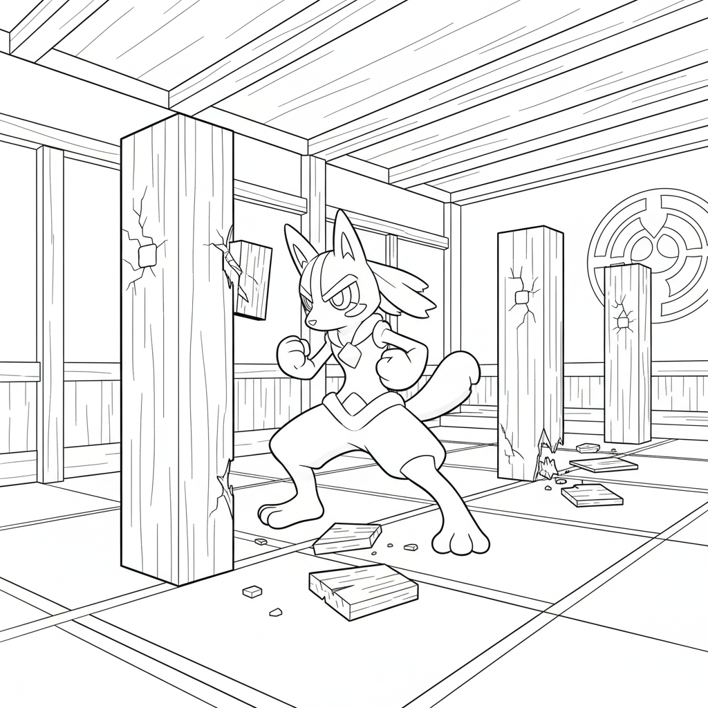 Lucario tränar i en dojo med trätavlor