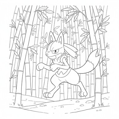 Lucario springer genom en bambulund