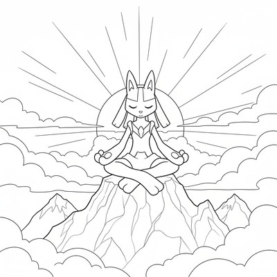 Lucario mediterar på en bergstopp i gryningen