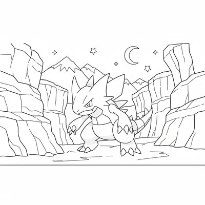 Garchomp smyger i en canyon vid skymning