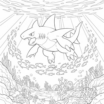Garchomp jagar fiskar i en djup havsvik