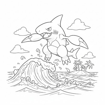 Garchomp hoppar över vågor på öppet hav