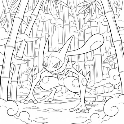 Greninja smyger genom en dimmig bambuskog