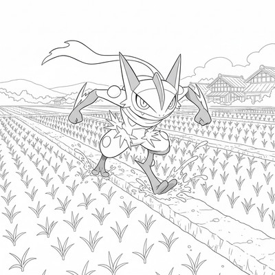 Greninja springer längs en risfältkant