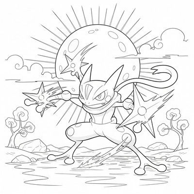 Greninja kastar vattenstjärnor i månsken