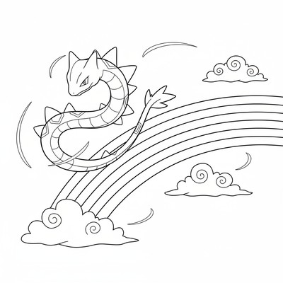 Rayquaza flyger över en regnbåge i skyn