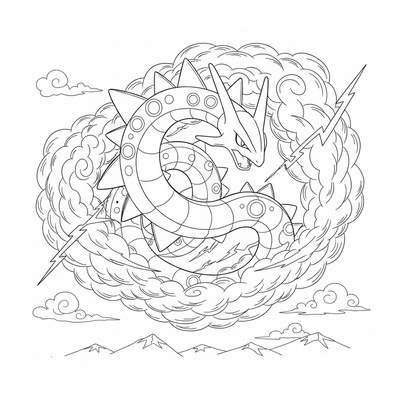 Rayquaza slingrar sig genom stormmoln på himlen