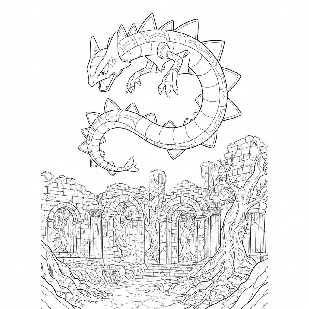 Rayquaza svävar över en gammal tempelruin