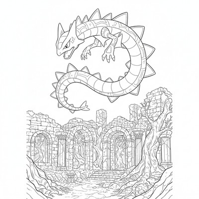 Rayquaza svävar över en gammal tempelruin