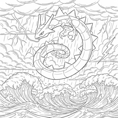 Rayquaza svävar ovanför havet i storm