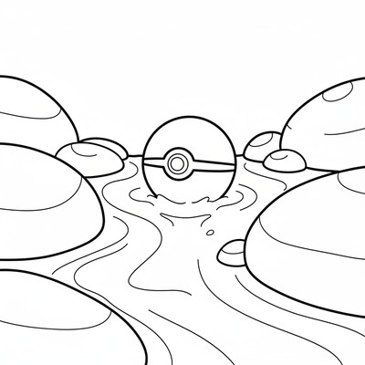 Pokémonboll flyter i en bäck mellan stenar