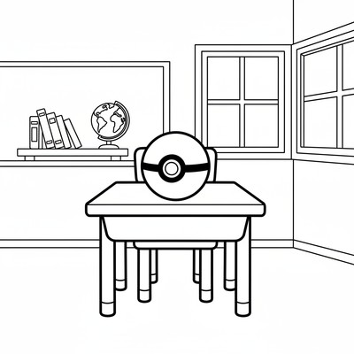 Pokémonboll ligger på ett skrivbord i klassrummet