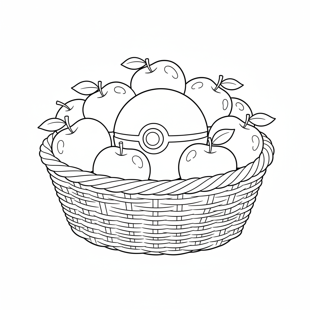 Pokémonboll ligger i en korg med äpplen