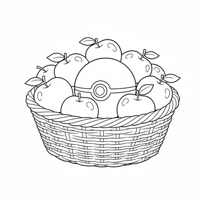 Pokémonboll ligger i en korg med äpplen
