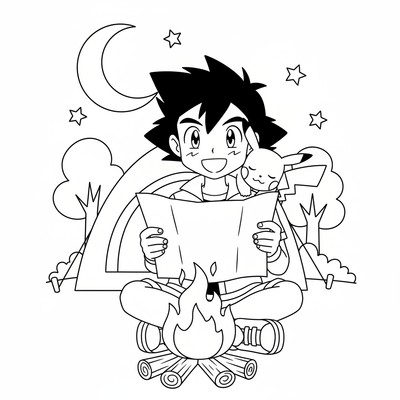 Ash Ketchum sitter vid en lägereld med en karta