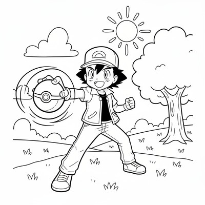 Ash Ketchum kastar en pokémonboll på en äng