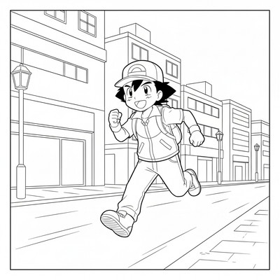 Ash Ketchum springer genom en stadsgata med hatt på