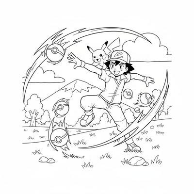 Ash Ketchum tränar på en gräsplan med bollar