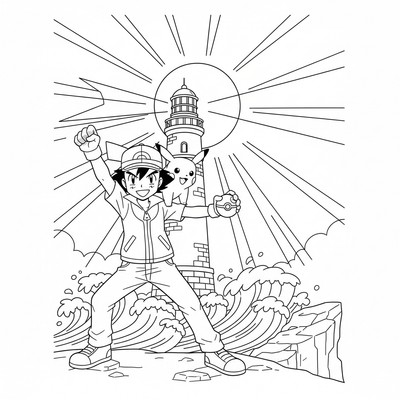 Ash Ketchum poserar framför en fyr i solnedgång