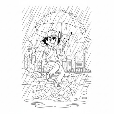 Ash Ketchum springer i ösregn med paraply