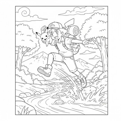 Ash Ketchum hoppar över en bäck med ryggsäck