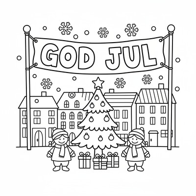 God jul hänger på en skylt ovanför torget