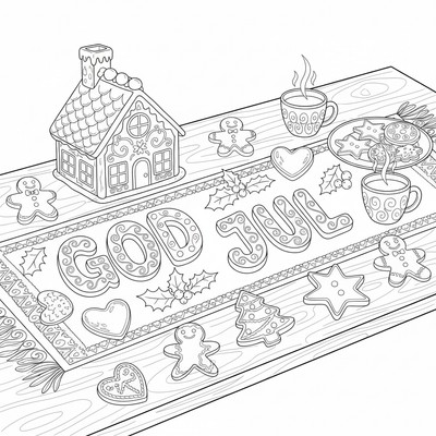 God jul står i pepparkakor på ett bord