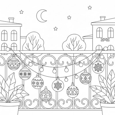 Julkula hänger i en ljusslinga på balkongen