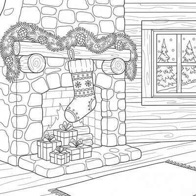 Julstrumpa hänger i en stuga med granris