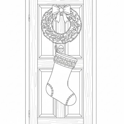 Julstrumpa hänger på en dörr med krans