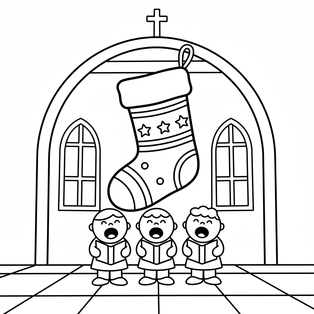 Julstrumpa hänger i en kyrka under sång