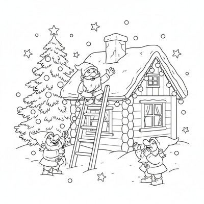 Tomtenisse hänger upp en ljusslinga