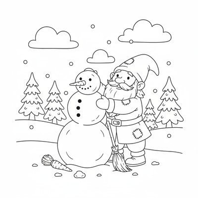 Tomtenisse bygger en snögubbe