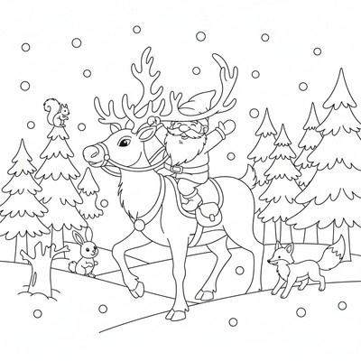 Tomtenisse rider på en ren i skogen