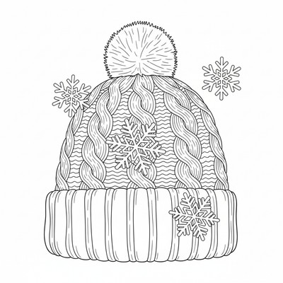 Snöflinga faller på en stickad mössa