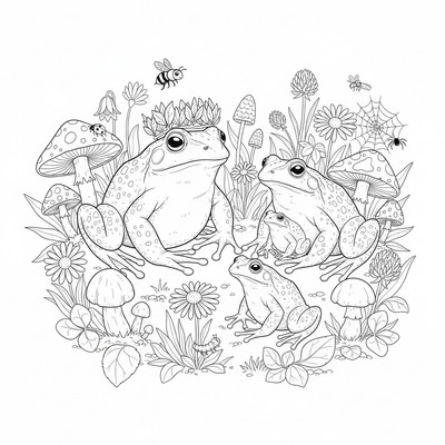 Grodfamilj i en skogsglänta med svampar, blommor och små insekter