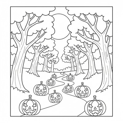 Halloweenpumpor lyser upp en mörk skogsstig