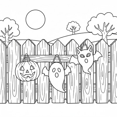 Halloweenmasker hänger på ett gammalt staket