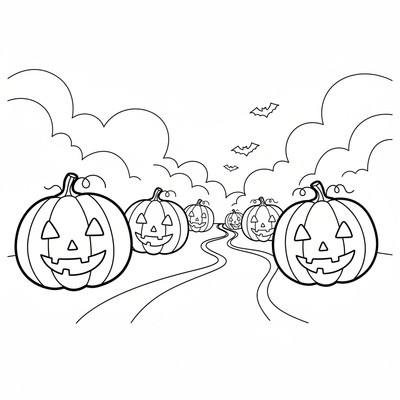 Halloweenlyktor lyser längs en dimmig gata