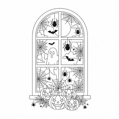 Halloweenfönster dekorerat med spindelnät