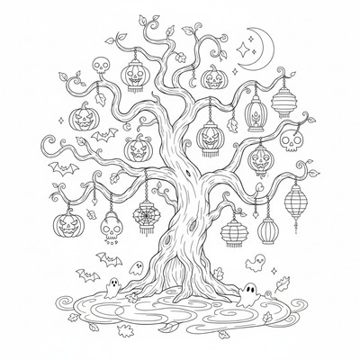 Halloweenträd fyllt av hängande lyktor