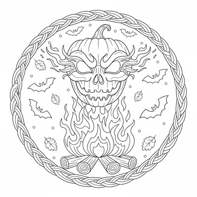 Halloweenmask lyser i skenet av eld