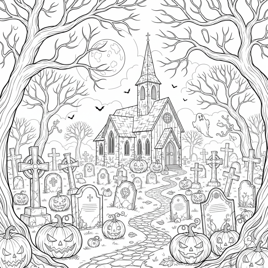 Halloweenkyrkogård med pumpor och kors