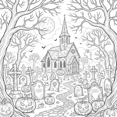 Halloweenkyrkogård med pumpor och kors