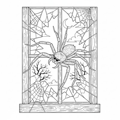 Halloweenspindel klättrar på ett trasigt fönster